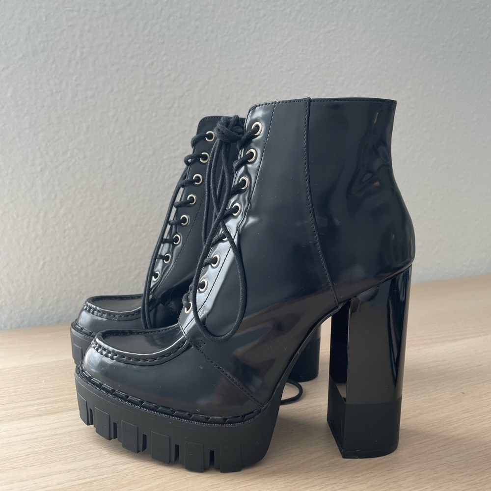 Zara Trafaluc Black Patent High heel Combat Boots - Picture 2 of 9
